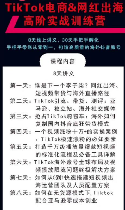 TikTok电商&网红出海高阶实战训练营：30天手把手孵化，打造高质量海外抖音账号-一课资源