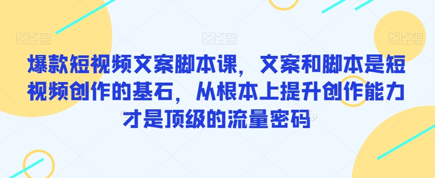 爆款短视频文案脚本课，文案和脚本是短视频创作的基石，从根本上提升创作能力才是顶级的流量密码-一课资源