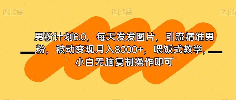 男粉计划6.0，每天发发图片，引流精准男粉，被动变现月入8000+，喂饭式教学，小白无脑复制操作即可-一课资源